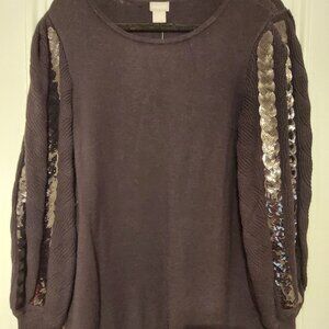 NWT Chico's Crew Neck Puff Sleeve Black Sweater w/ Sequin Stripes on Sleeve sz 2
